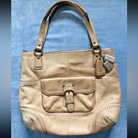 Coach Handbags - Coach Poppy Whipstitch Natural Leather Brass Glam Tote Purse Large Shoulder Bag